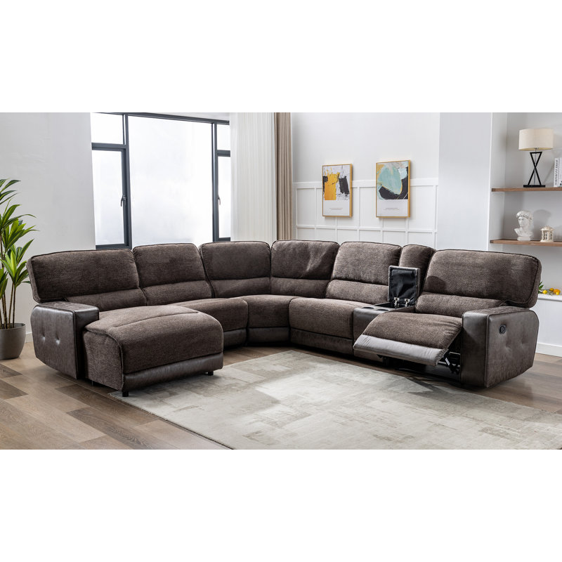 Ebern Designs Adingdon 118.9 6 Piece Vegan Leather Cotton Blend Reclining Chaise Sectional Couch with Cupholder Storage Reviews Wayfair
